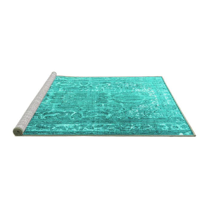 Sideview of Machine Washable Persian Turquoise Traditional Area Rugs, wshtr3385turq