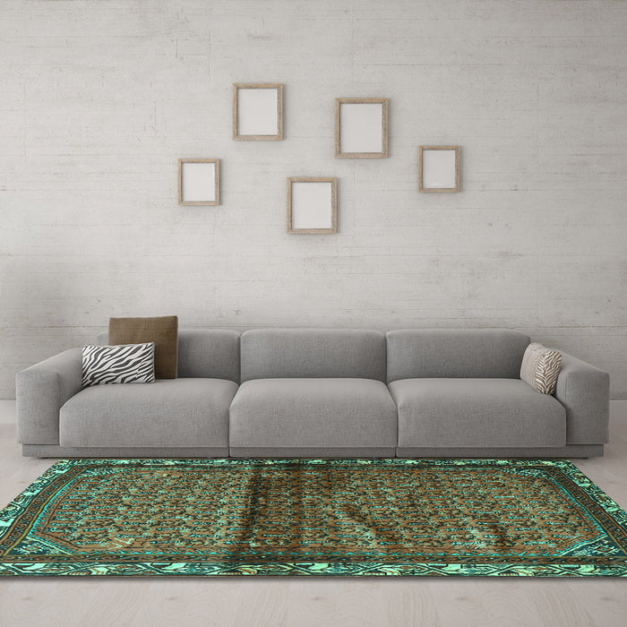 Machine Washable Persian Turquoise Traditional Area Rugs in a Living Room,, wshtr3389turq