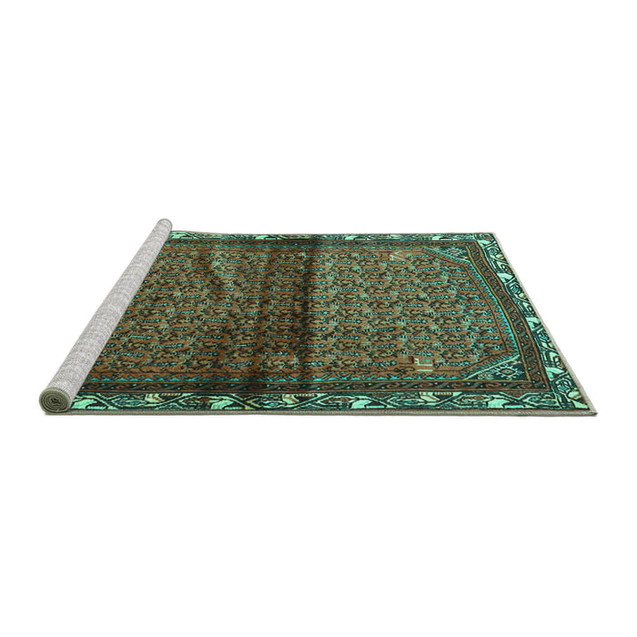 Sideview of Machine Washable Persian Turquoise Traditional Area Rugs, wshtr3389turq