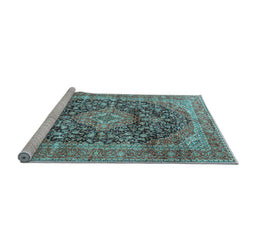 Sideview of Machine Washable Medallion Light Blue Traditional Rug, wshtr3394lblu