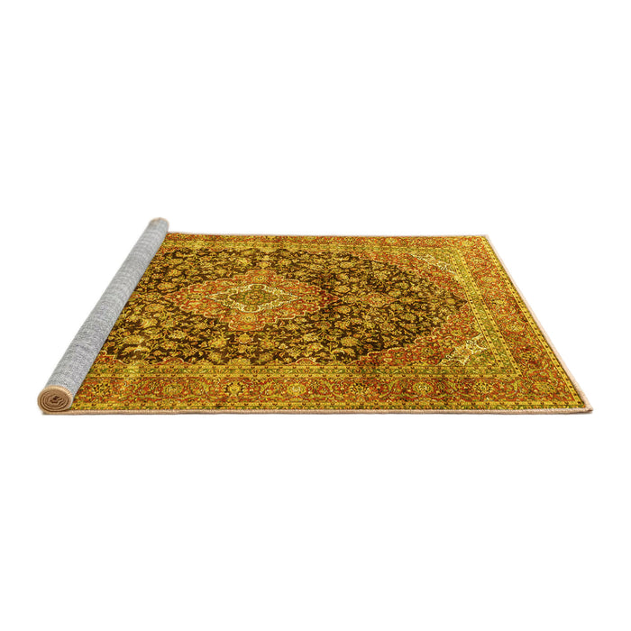 Sideview of Machine Washable Medallion Yellow Traditional Rug, wshtr3394yw