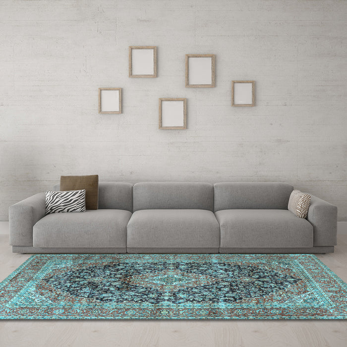 Machine Washable Medallion Light Blue Traditional Rug in a Living Room, wshtr3394lblu