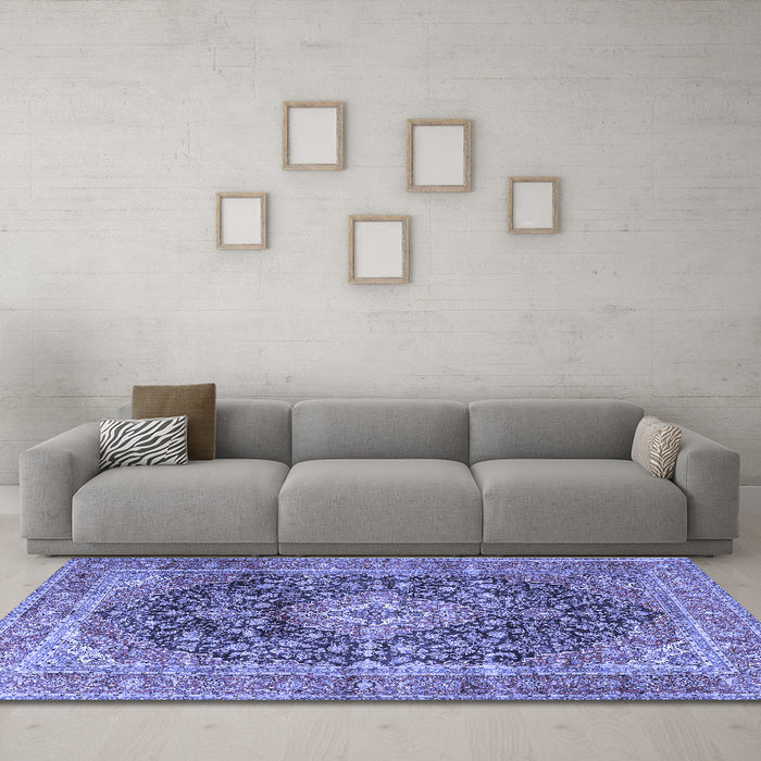 Machine Washable Medallion Blue Traditional Rug in a Living Room, wshtr3394blu