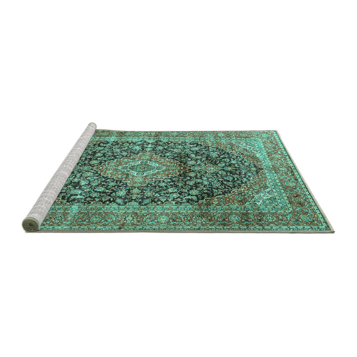 Sideview of Machine Washable Medallion Turquoise Traditional Area Rugs, wshtr3394turq