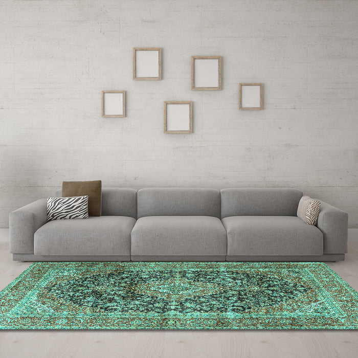 Machine Washable Medallion Turquoise Traditional Area Rugs in a Living Room,, wshtr3394turq