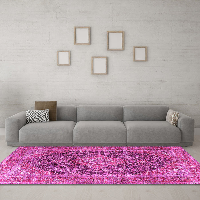 Machine Washable Medallion Pink Traditional Rug in a Living Room, wshtr3394pnk