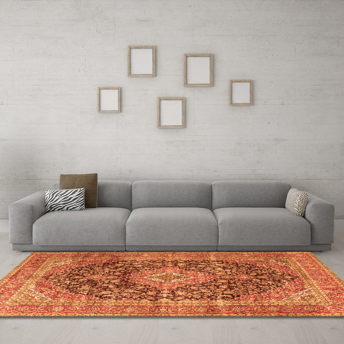 Machine Washable Medallion Orange Traditional Area Rugs in a Living Room, wshtr3394org