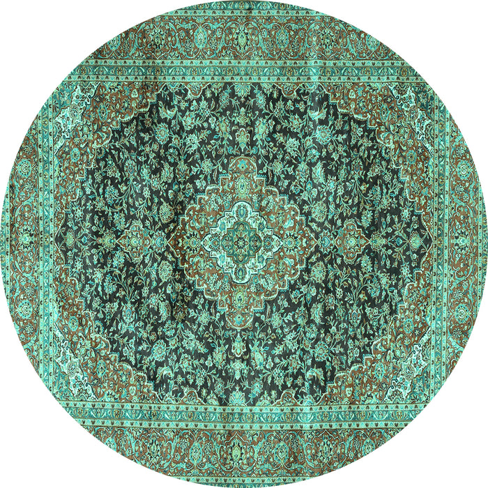 Round Machine Washable Medallion Turquoise Traditional Area Rugs, wshtr3394turq