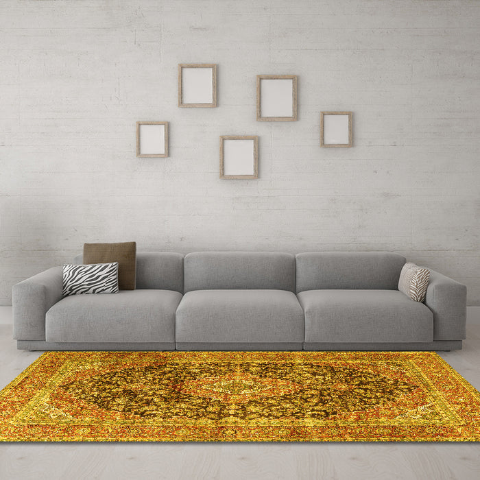 Machine Washable Medallion Yellow Traditional Rug in a Living Room, wshtr3394yw