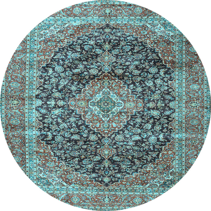 Round Machine Washable Medallion Light Blue Traditional Rug, wshtr3394lblu