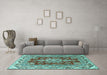 Machine Washable Medallion Turquoise Traditional Area Rugs in a Living Room,, wshtr3395turq