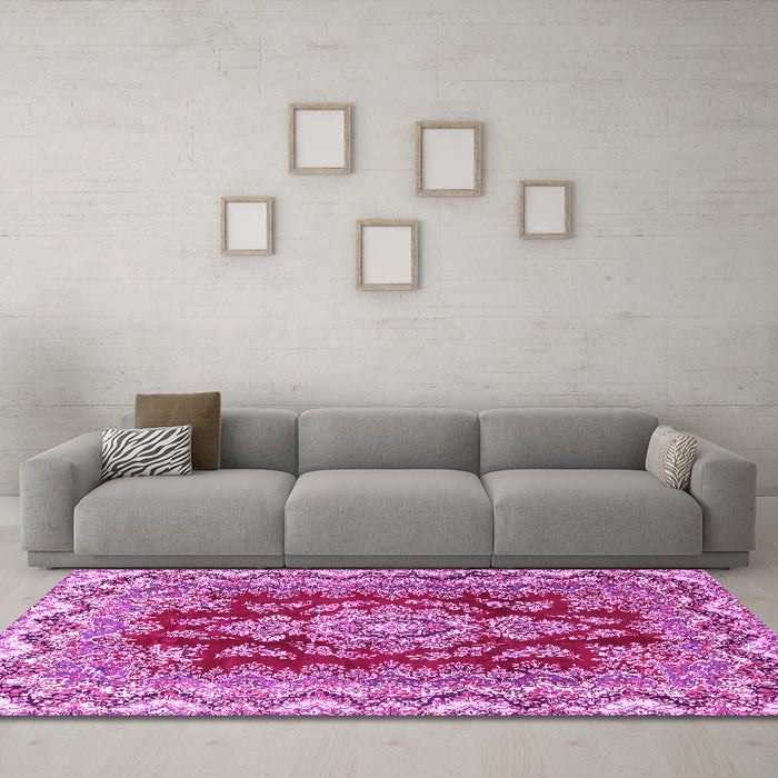 Machine Washable Medallion Pink Traditional Rug in a Living Room, wshtr3395pnk