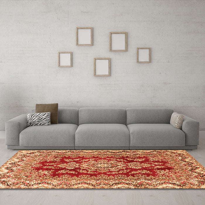 Machine Washable Medallion Orange Traditional Area Rugs in a Living Room, wshtr3395org