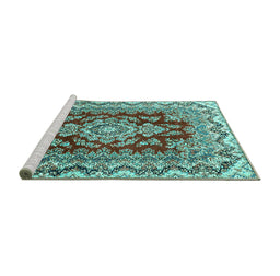 Sideview of Machine Washable Medallion Turquoise Traditional Area Rugs, wshtr3395turq