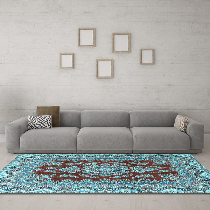 Machine Washable Medallion Light Blue Traditional Rug in a Living Room, wshtr3395lblu