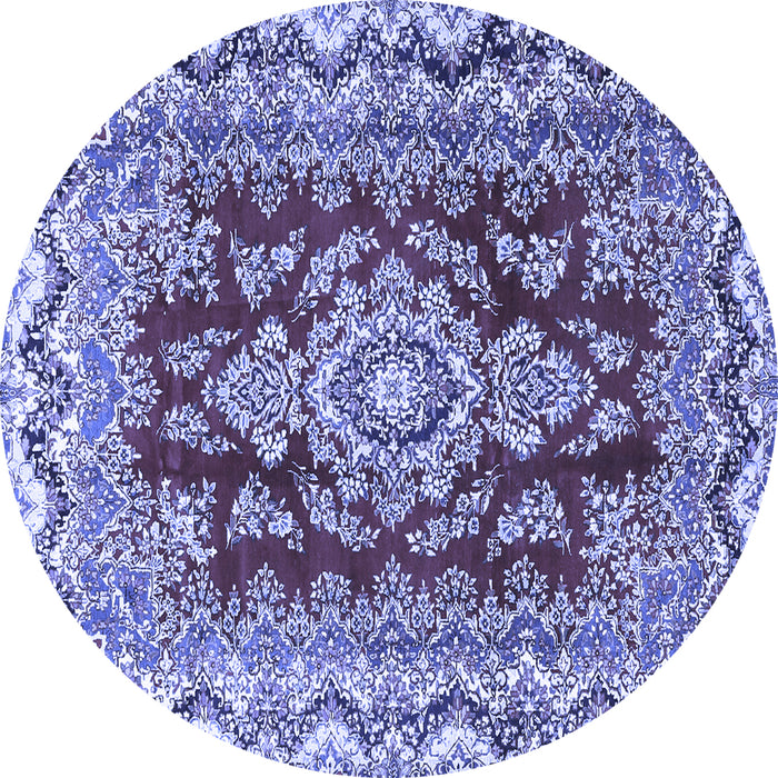 Round Machine Washable Medallion Blue Traditional Rug, wshtr3395blu