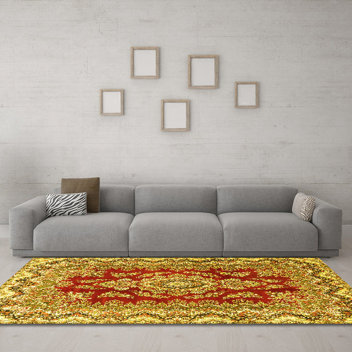 Machine Washable Medallion Yellow Traditional Rug in a Living Room, wshtr3395yw
