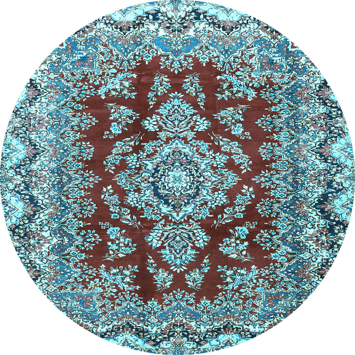 Round Machine Washable Medallion Light Blue Traditional Rug, wshtr3395lblu