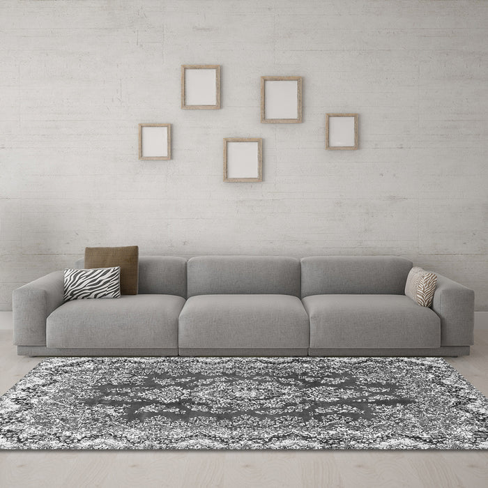 Machine Washable Medallion Gray Traditional Rug in a Living Room,, wshtr3395gry