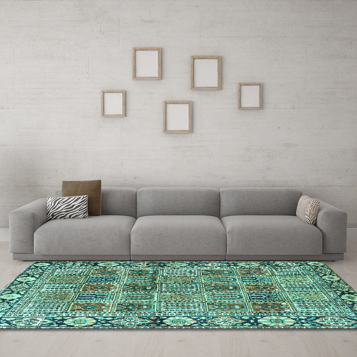 Machine Washable Persian Turquoise Traditional Area Rugs in a Living Room,, wshtr3396turq