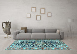 Machine Washable Medallion Light Blue Traditional Rug in a Living Room, wshtr3397lblu