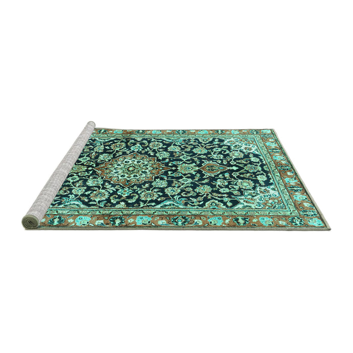 Sideview of Machine Washable Medallion Turquoise Traditional Area Rugs, wshtr3397turq