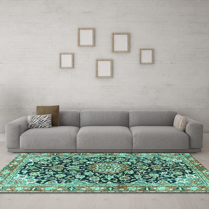 Machine Washable Medallion Turquoise Traditional Area Rugs in a Living Room,, wshtr3397turq