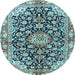 Round Machine Washable Medallion Light Blue Traditional Rug, wshtr3397lblu