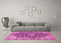 Machine Washable Medallion Pink Traditional Rug in a Living Room, wshtr3397pnk