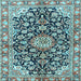 Square Machine Washable Medallion Light Blue Traditional Rug, wshtr3397lblu