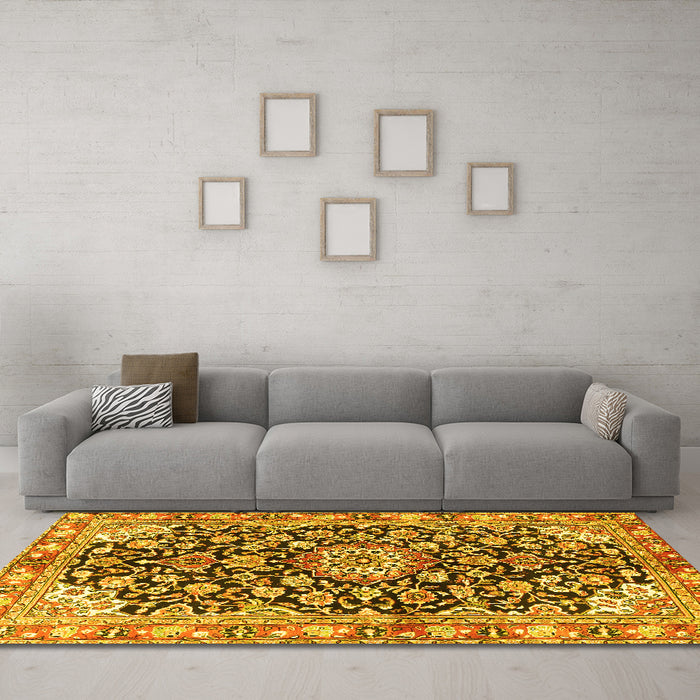 Machine Washable Medallion Yellow Traditional Rug in a Living Room, wshtr3397yw