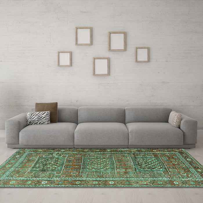 Machine Washable Persian Turquoise Traditional Area Rugs in a Living Room,, wshtr3399turq