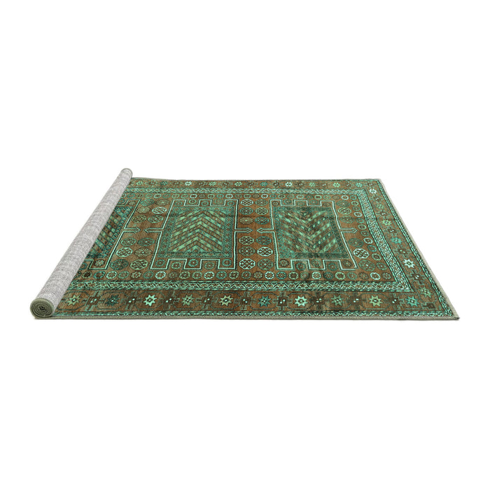 Sideview of Machine Washable Persian Turquoise Traditional Area Rugs, wshtr3399turq