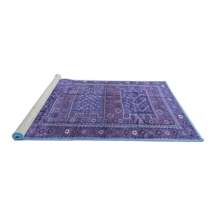 Sideview of Machine Washable Persian Blue Traditional Rug, wshtr3399blu