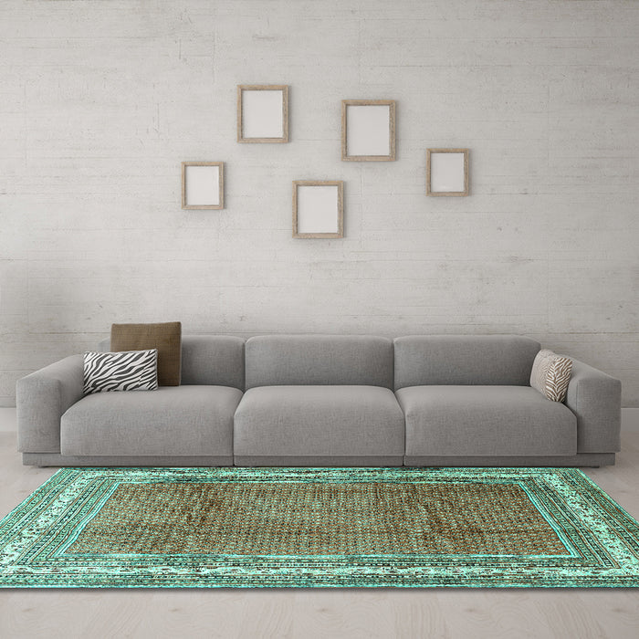 Machine Washable Persian Turquoise Traditional Area Rugs in a Living Room,, wshtr3402turq
