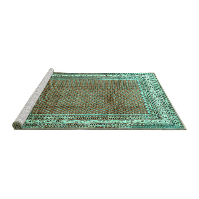 Sideview of Machine Washable Persian Turquoise Traditional Area Rugs, wshtr3402turq