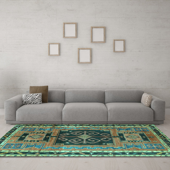 Machine Washable Persian Turquoise Traditional Area Rugs in a Living Room,, wshtr3406turq