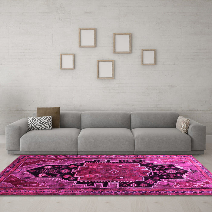Machine Washable Persian Pink Traditional Rug in a Living Room, wshtr340pnk