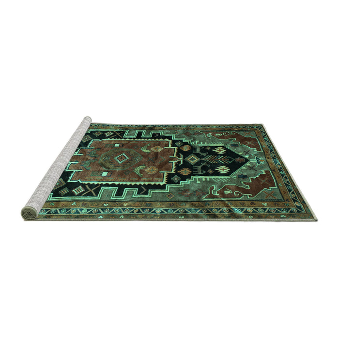 Sideview of Machine Washable Persian Turquoise Traditional Area Rugs, wshtr340turq