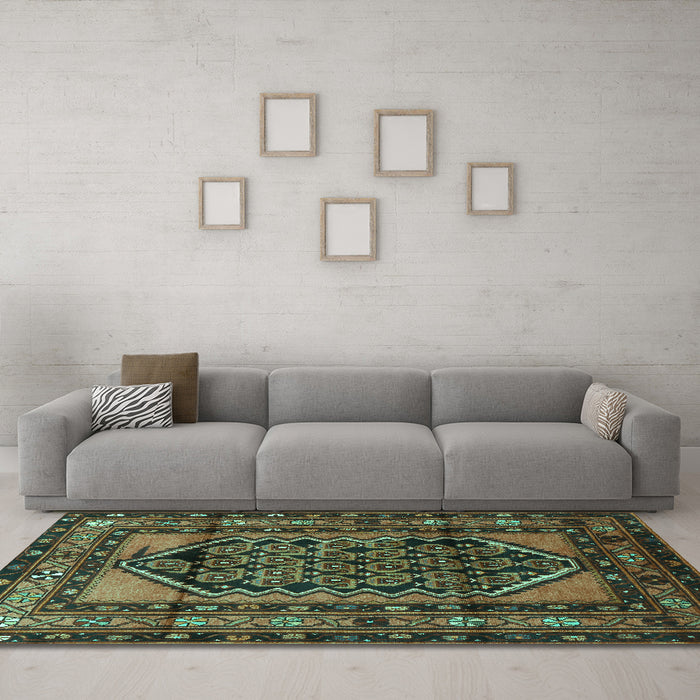 Machine Washable Persian Turquoise Traditional Area Rugs in a Living Room,, wshtr3410turq