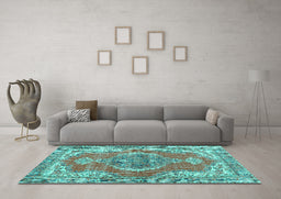 Machine Washable Persian Turquoise Traditional Area Rugs in a Living Room,, wshtr3413turq