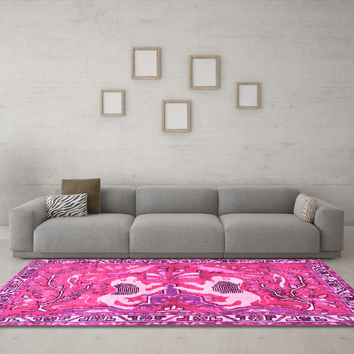 Machine Washable Persian Pink Traditional Rug in a Living Room, wshtr3415pnk