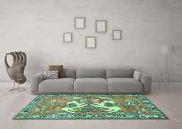 Machine Washable Persian Turquoise Traditional Area Rugs in a Living Room,, wshtr3415turq