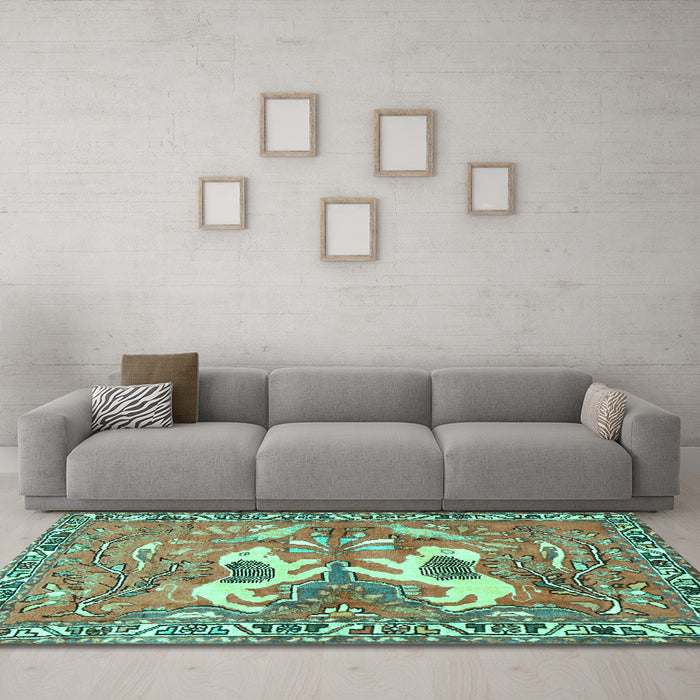 Machine Washable Persian Turquoise Traditional Area Rugs in a Living Room,, wshtr3415turq