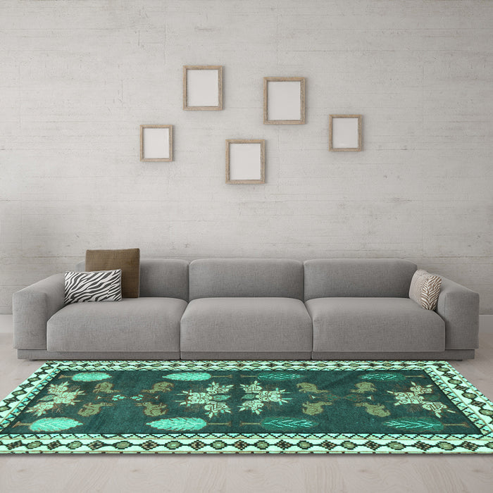 Machine Washable Persian Turquoise Traditional Area Rugs in a Living Room,, wshtr3416turq