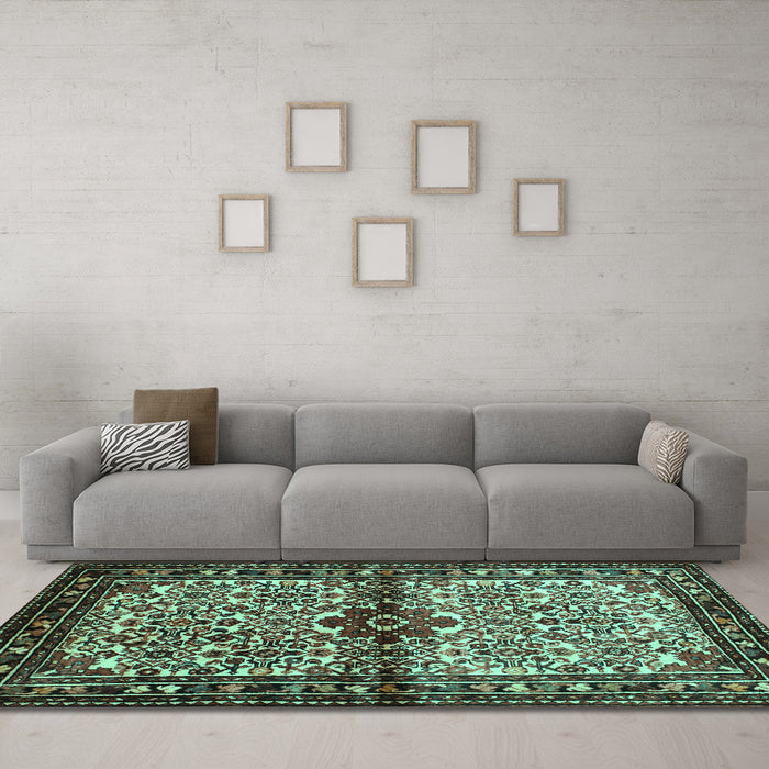 Machine Washable Persian Turquoise Traditional Area Rugs in a Living Room,, wshtr341turq