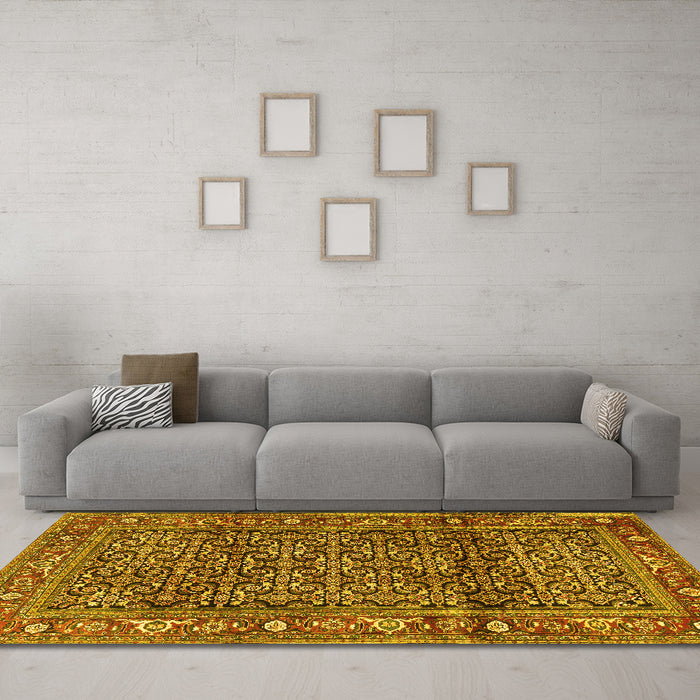 Machine Washable Persian Yellow Traditional Rug in a Living Room, wshtr3421yw
