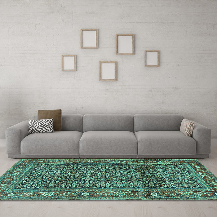 Machine Washable Persian Turquoise Traditional Area Rugs in a Living Room,, wshtr3421turq