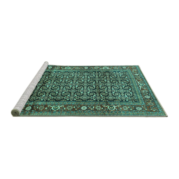Sideview of Machine Washable Persian Turquoise Traditional Area Rugs, wshtr3421turq