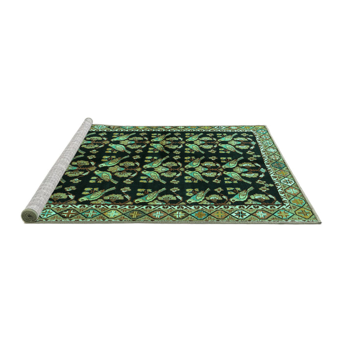 Sideview of Machine Washable Persian Turquoise Traditional Area Rugs, wshtr3422turq